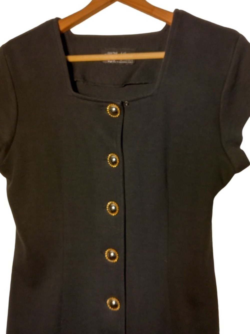 Vintage All That Jazz Dress 38 Bust Black Short Slv Silver Gold Button Retro - Picture 5 of 9